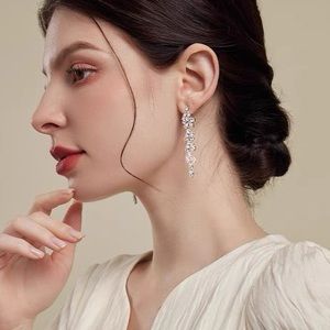 925 Sterling Silver Stud Leaf Tassel Crystal Earrings